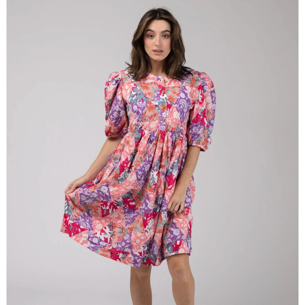 NWT BEAU & RO Quilted Mini Dress in Pink Triangles Puff Sleeve Small